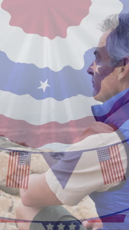 animation of flag of united states of america over senior man in mountains