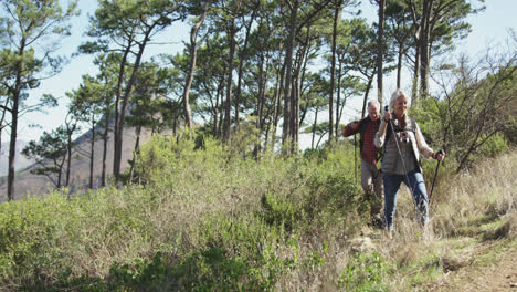 active senior couple walking on mountains