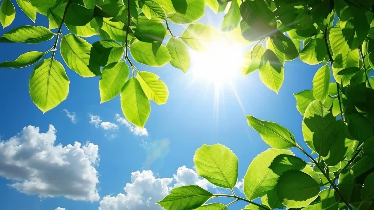नीले आकाश के सामने चमकीले हरे पत्ते और तेज धूप