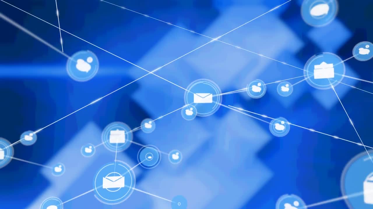 Animation of networks of connections with icons over blue screens