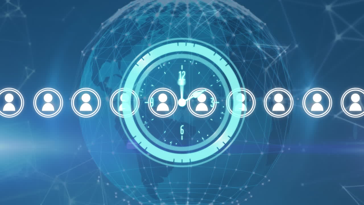 지구상에서 움직이는 시계, 모양, 아이콘 및 파란색 배경의 애니메이션