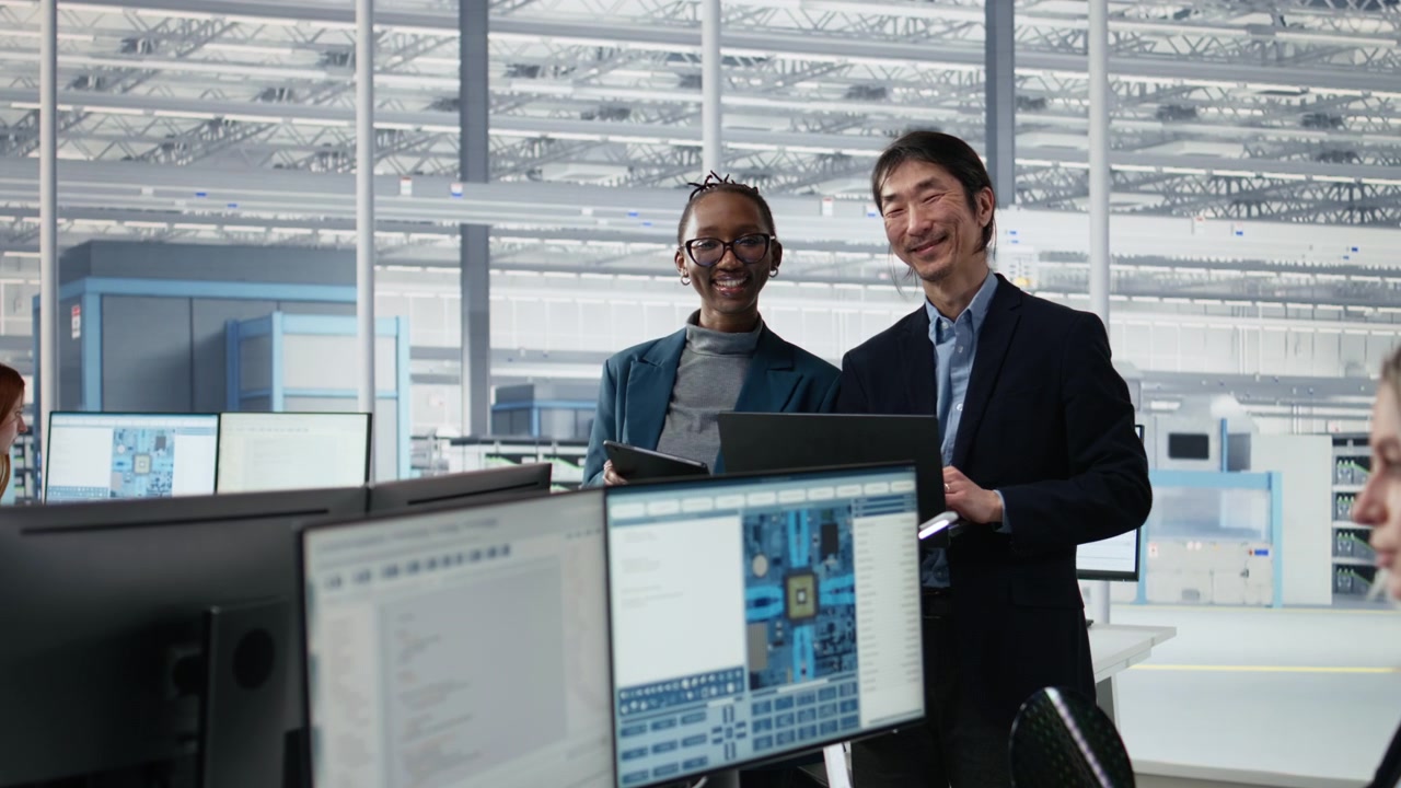 Portrait of cheerful multiethnic team examining microchip circuit layouts
