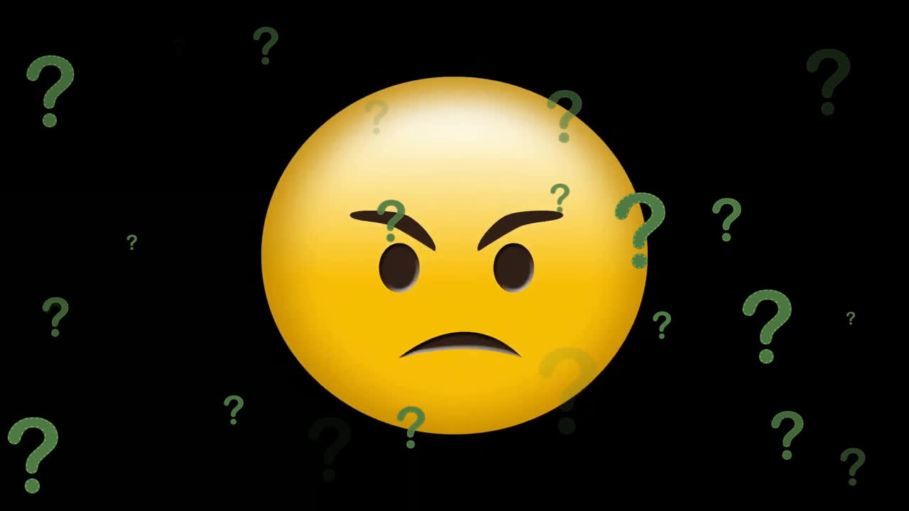 Animazione di icona emoji arrabbiata con punti interrogativi su sfondo nero