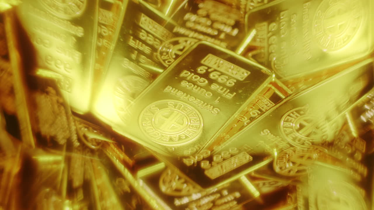 금속의 순수한 금속, 스위스 은행의 귀중한 바, 거울 효과로 회전, 성공, 부, 재정적 자유 개념.