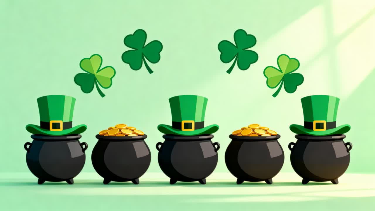 Loop starting 5 black pots bobbing on pale wall StPatricks 3greenhats 2coins 4clovers gridshadows