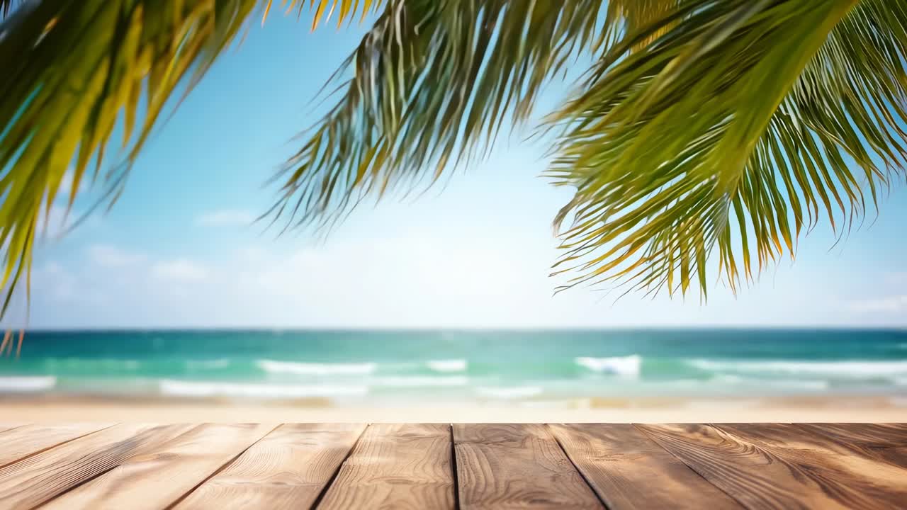 Tropical beach scene with palm leaves overhead, shot from a low angle