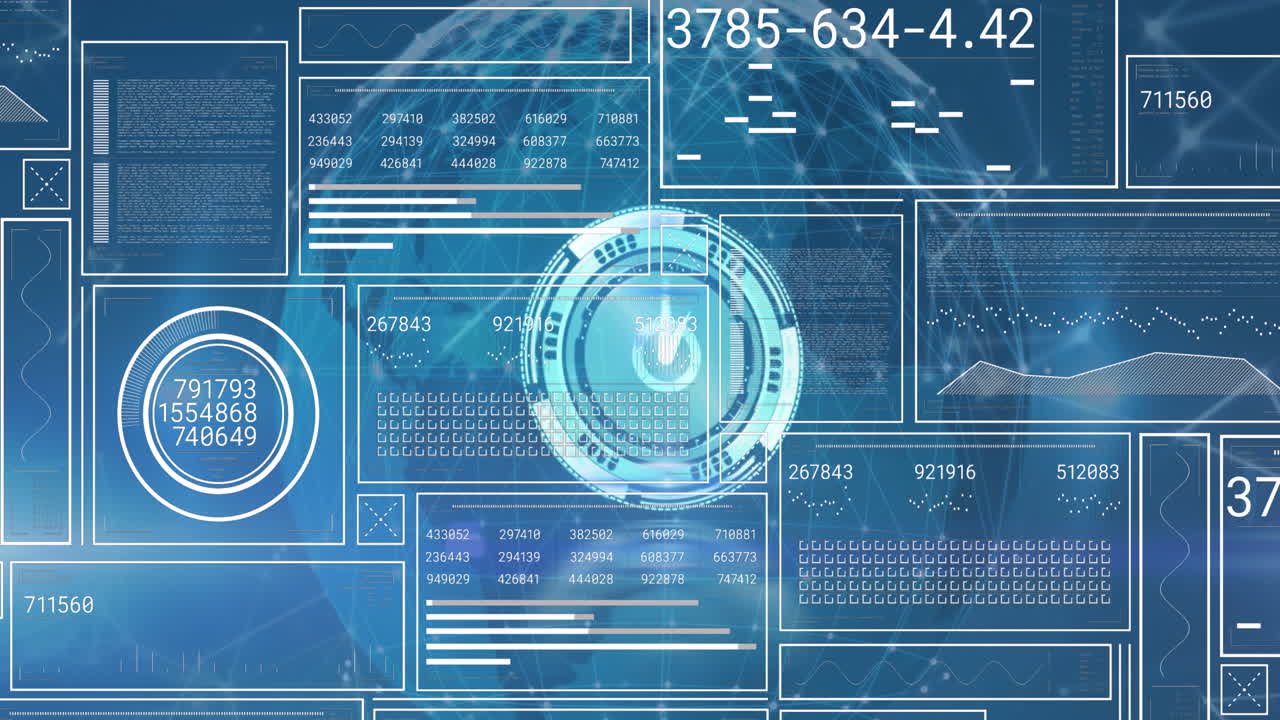 Animation of neon ticking clock and interface with data processing against globe on blue background