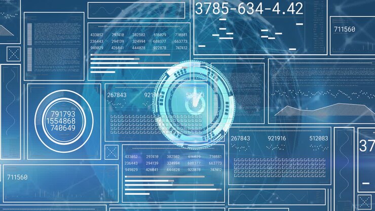Animation of neon ticking clock and interface with data processing against globe on blue background