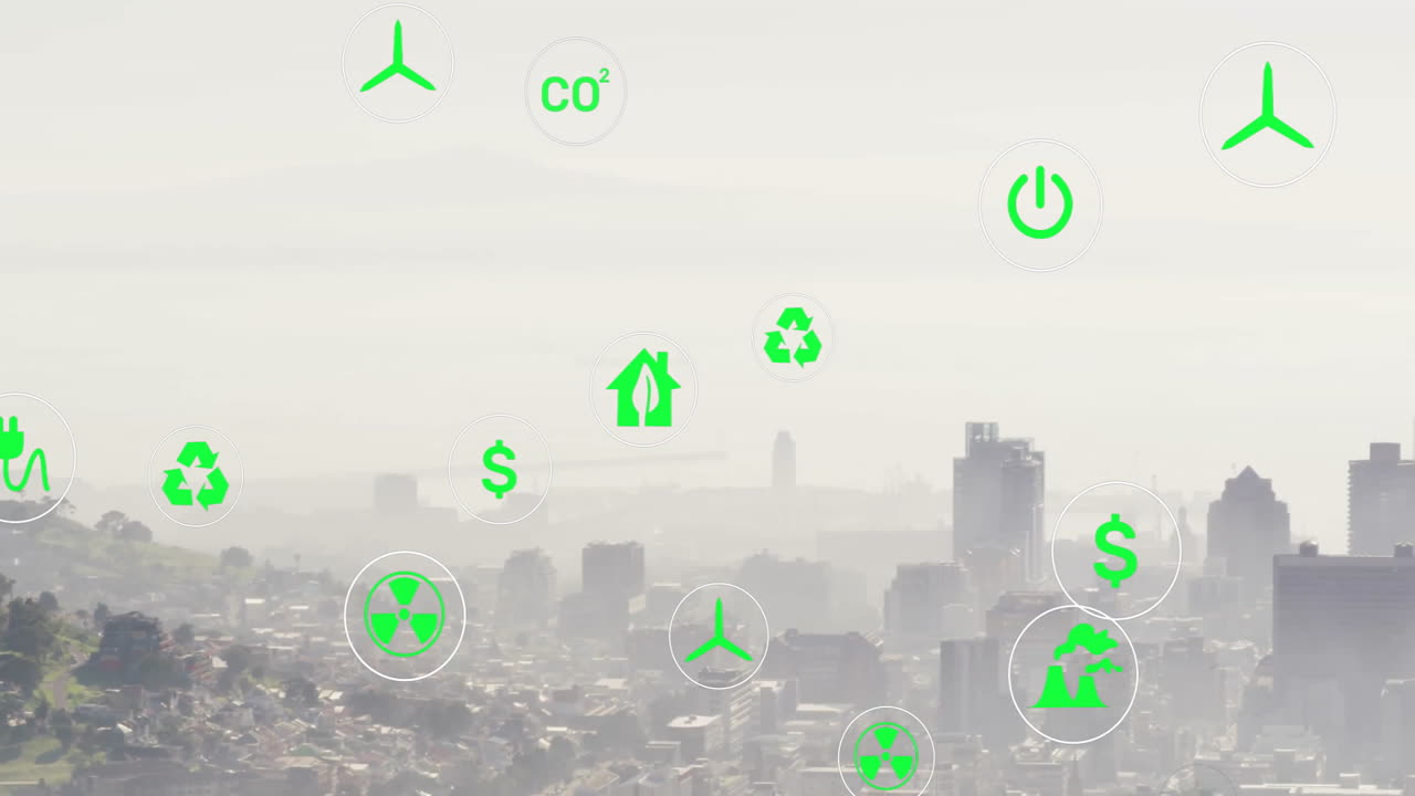 Cluster of flat-design floating eco icons hovering over urban skyline, showing green energy symbols