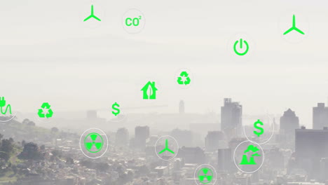 cluster of flat-design floating eco icons hovering over urban skyline, showing green energy symbols