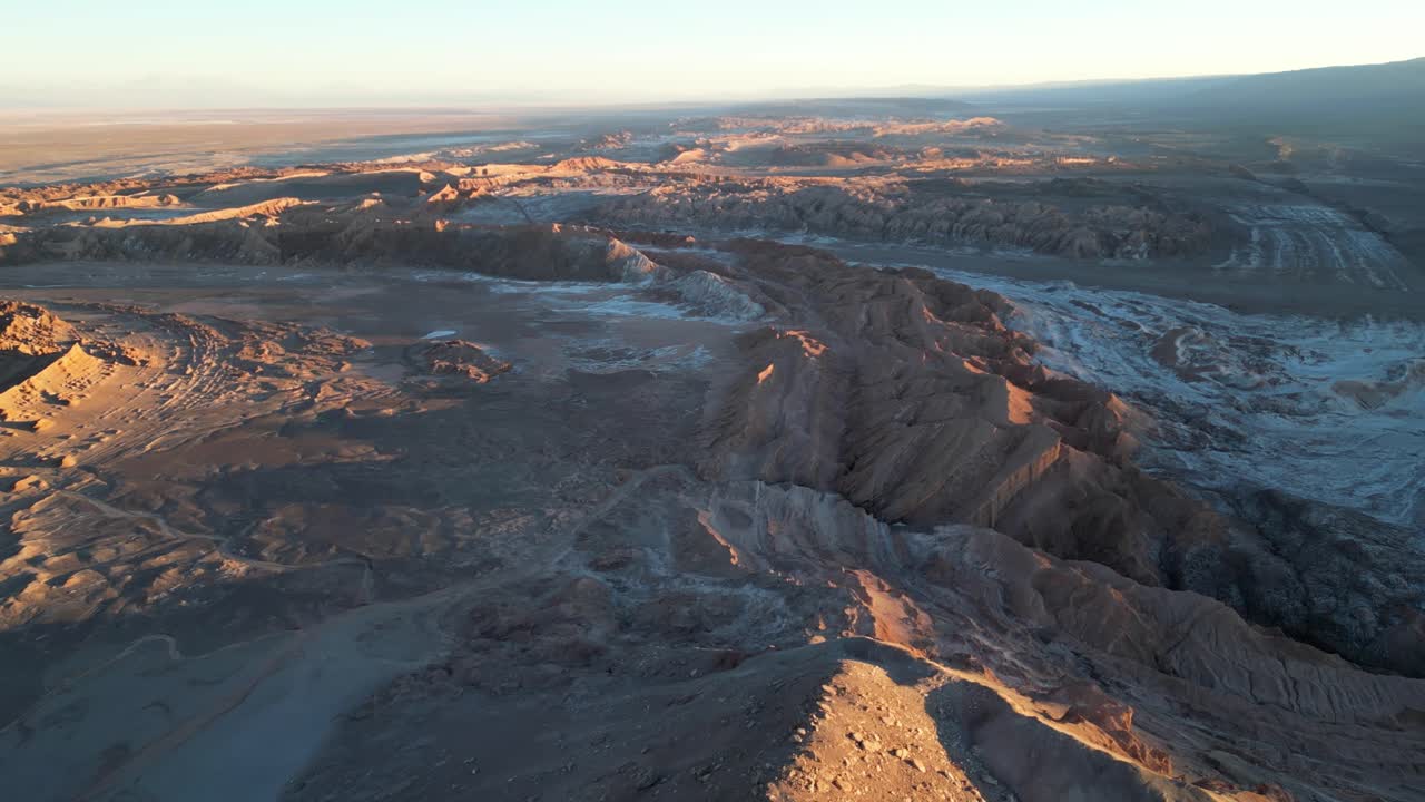 Atmospheric 4K footage of surreal Chilean landscapes blending red rock and salt crusts beneath a fading sky