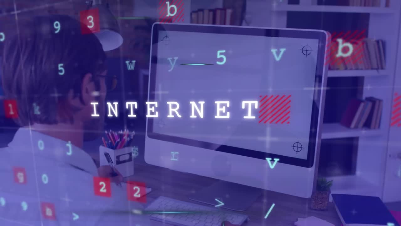 빈 화면으로 컴퓨터를 사용하여 데이터 처리 및 텍스트의 애니메이션