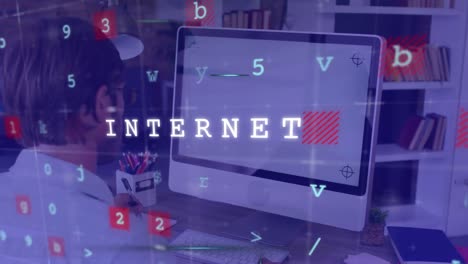animación del procesamiento de datos y texto sobre el hombre utilizando una computadora con pantalla en blanco.