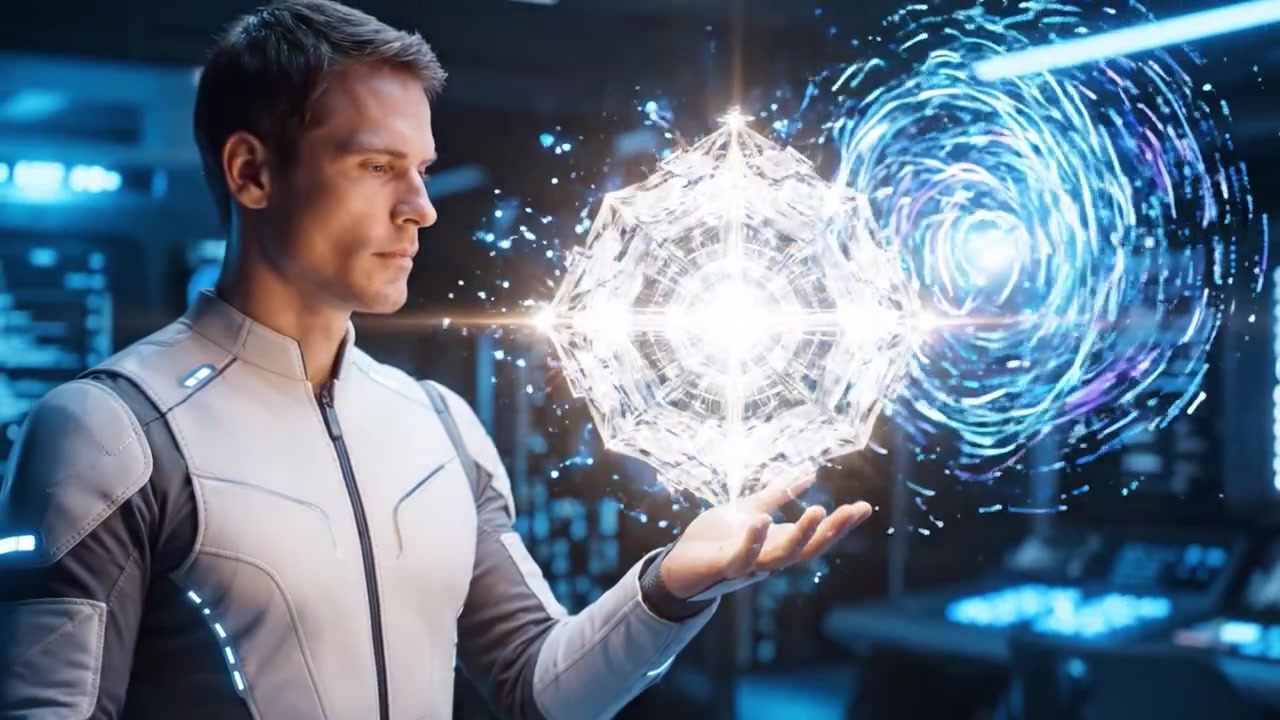 Una escena futurista que representa a un explorador espacial utilizando tecnología avanzada, mostrando la manipulación extraordinaria de energía y luz dentro de un entorno de nave estelar de alta tecnología