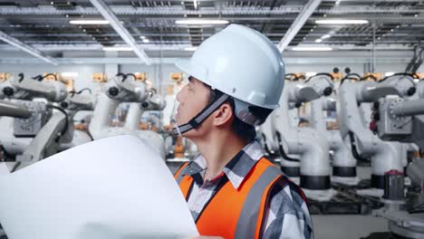 ingeniero revisando planes en una instalación de fabricación de robots