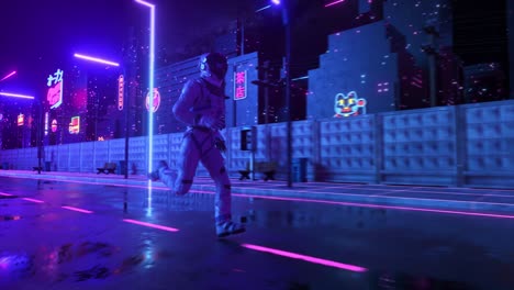 astronauta corriendo por una ciudad cyberpunk de neón por la noche