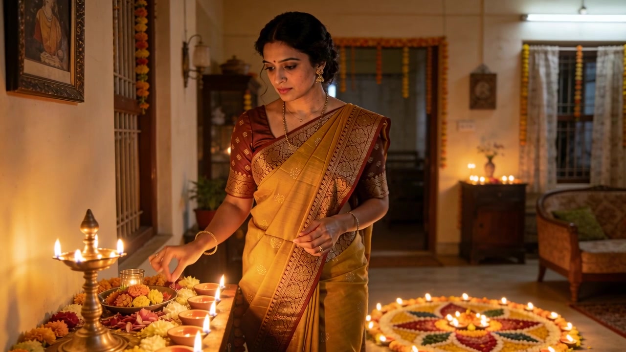 Donna illuminata in sari color senape che usa una lampada accesa, accendendo diya di argilla sul tavolo per la puja serale.