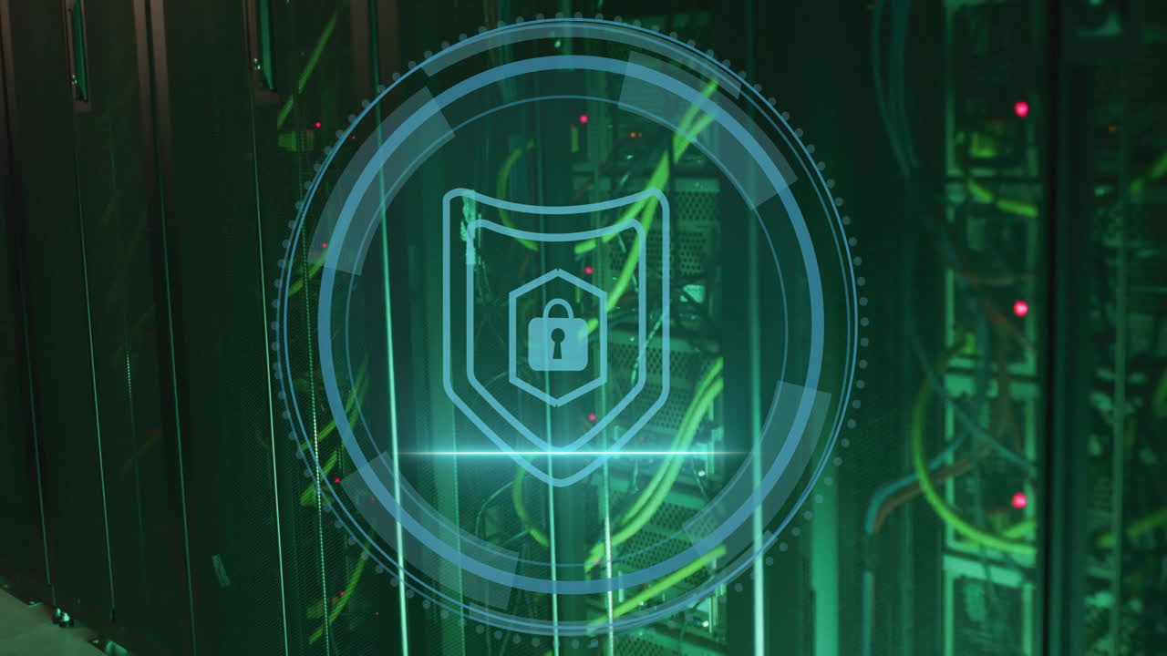 Digital security shield animation over server room with glowing green lights