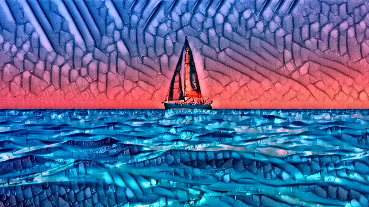 animación artística pintada de un pequeño yate navegando al atardecer