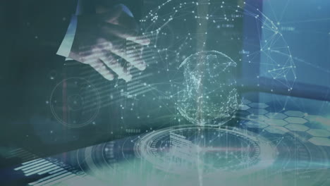 animation of connections and globe over caucasian businessman using interactive screen