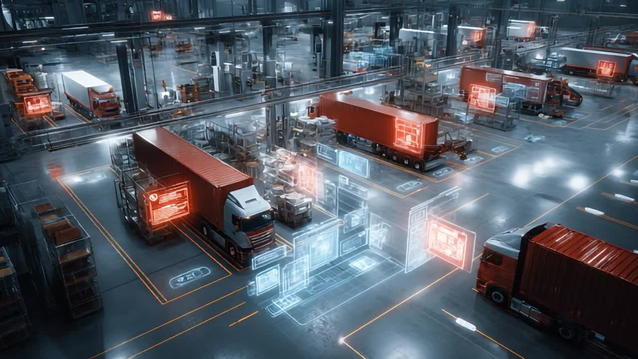 Modern logistics operations with advanced technology and trucks