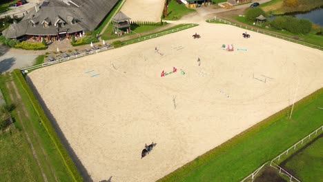 Gruppe-Von-Reinrassigen-Pferden,-Die-Auf-Der-Koppel-In-Der-Nähe-Des-Stalls-Spazieren-Und-Grasen