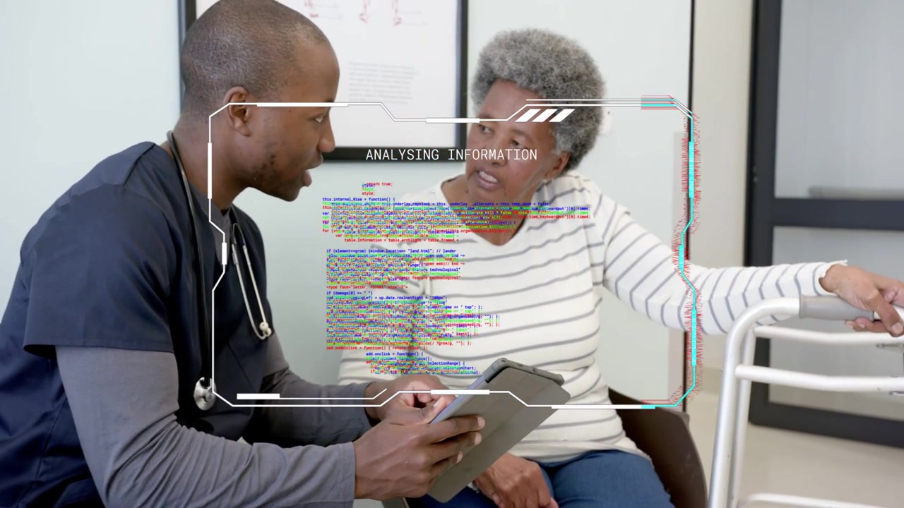 Medical clinician tapping tablet senior female patient leaning in animated chart highlighting care