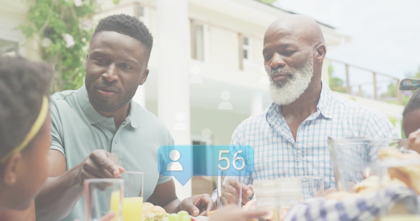 Family trio serving table while blue social notification overlaying, counting up tracking growth
