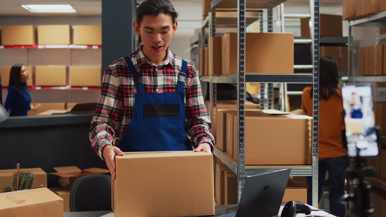 Warehouse employee making a post about shipping