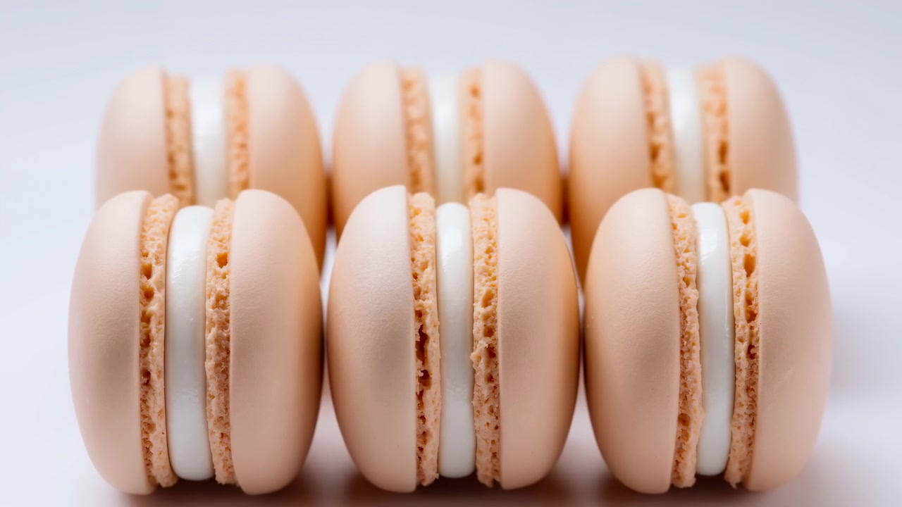 Duas fileiras paralelas de macarons cor de pêssego com recheio de creme branco repousam sobre uma superfície branca fria, a fileira da frente permanece nítida enquanto a de trás se suaviza em desfoque, criando simetria calma, profundidade e uma sobremesa refinada