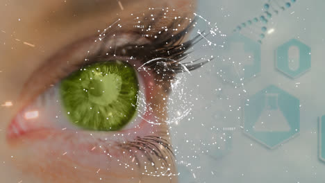 Animation-of-network-of-connections-over-woman's-green-eye