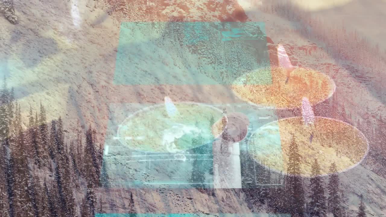 데이터 프로세싱과 램프를 갖춘 다중 화면과 겨울 풍경의 공중 전망