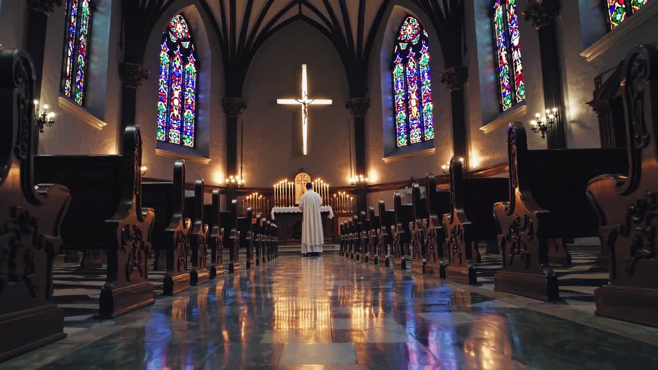 A video still of a church interior with a low-angle view, showcasing stained glass windows