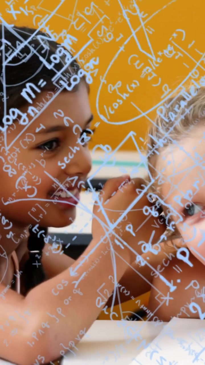 Mathematical equations and graphs animation over children studying in classroom