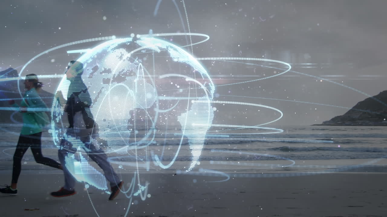 animación de una red global brillante sobre un hombre y una mujer corriendo en una playa de arena
