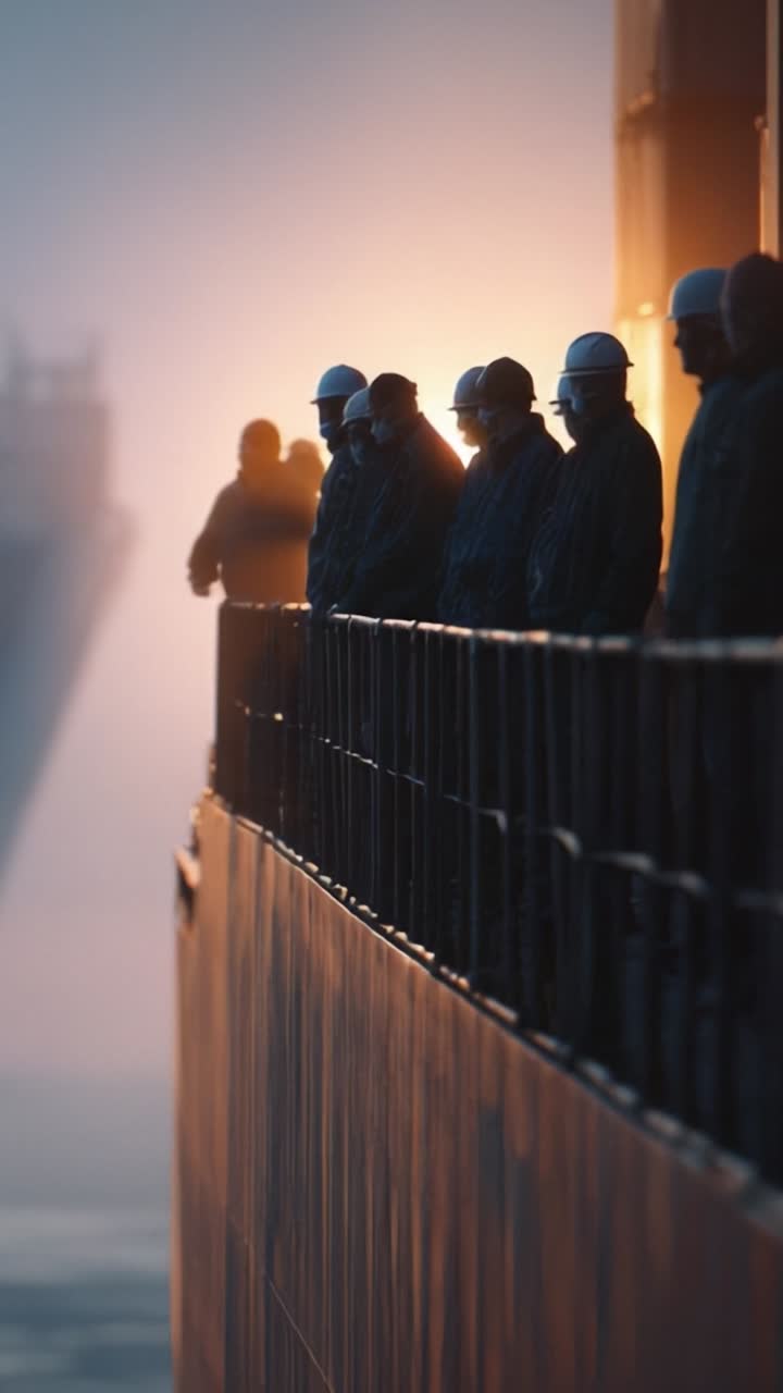 Crew Members Observing the Horizon at Dawn on a Ship, Capturing Moments of Reflection Amidst a Beautiful Sunrise on the Water's Edge