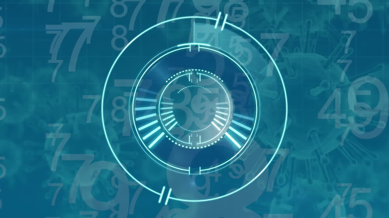 escaneo de alcance y números que se mueven contra las células de covid-19 que se desplazan