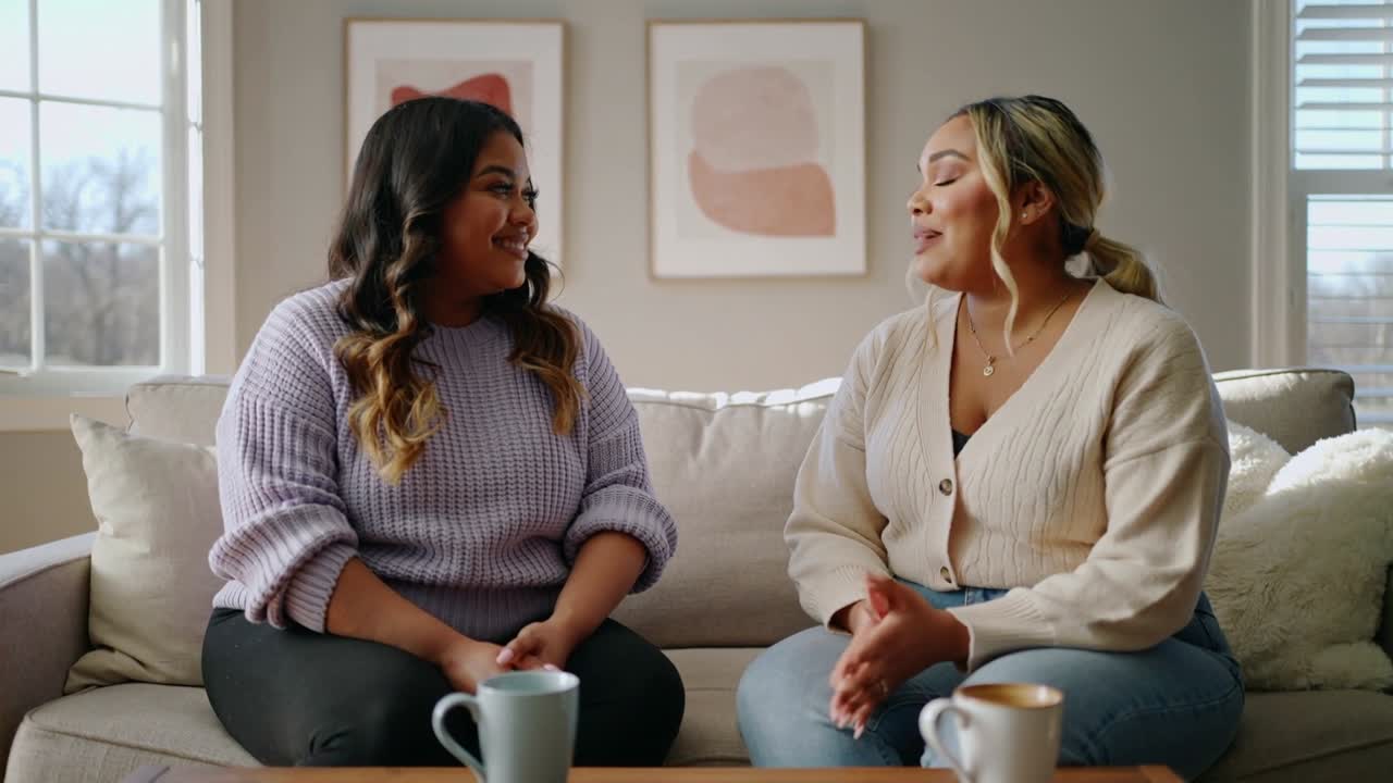 Mulher à direita falando e gesticulando, mulher à esquerda ouvindo e sorrindo com canecas, colocando a conversa em dia