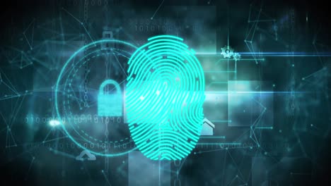 animation of biometric fingerprint with online security padlocks on glowing blue background