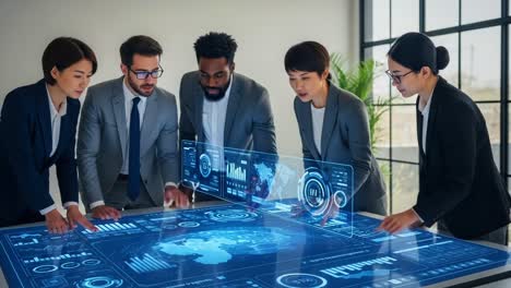 a team of professionals collaborating around a state-of-the-art interactive display, analyzing data and insights to drive strategic decisions in a modern environment