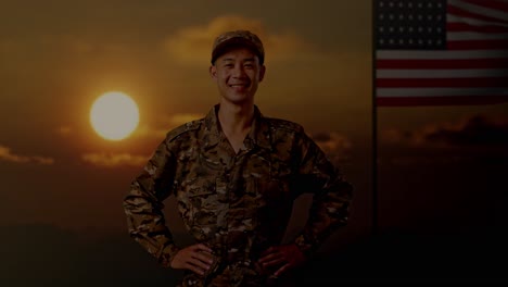 smiling american soldier at sunset