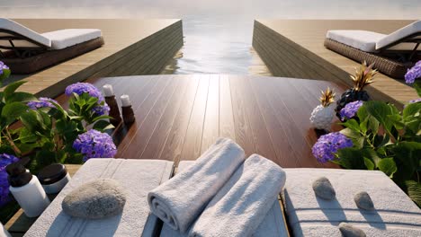 spa wellness setting 3 with palms, flowers, towels, healing rocks, and spa treatment creams on wooden surface, on day time, 3d animation, spa salon treatment, relaxation