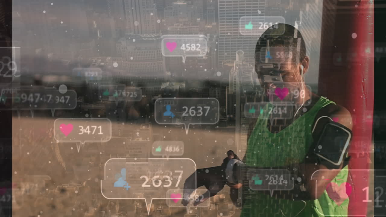 Animation of social media icons over man using smartwatch and cityscape
