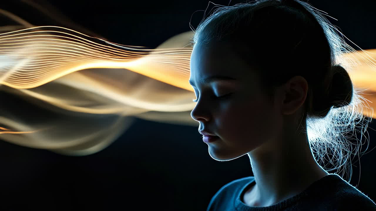 Woman with light waves around face. A woman with closed eyes surrounded by abstract glowing light waves
