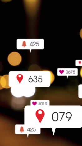 animación de iconos de redes sociales y números fuera de foco de la ciudad y las luces de los coches