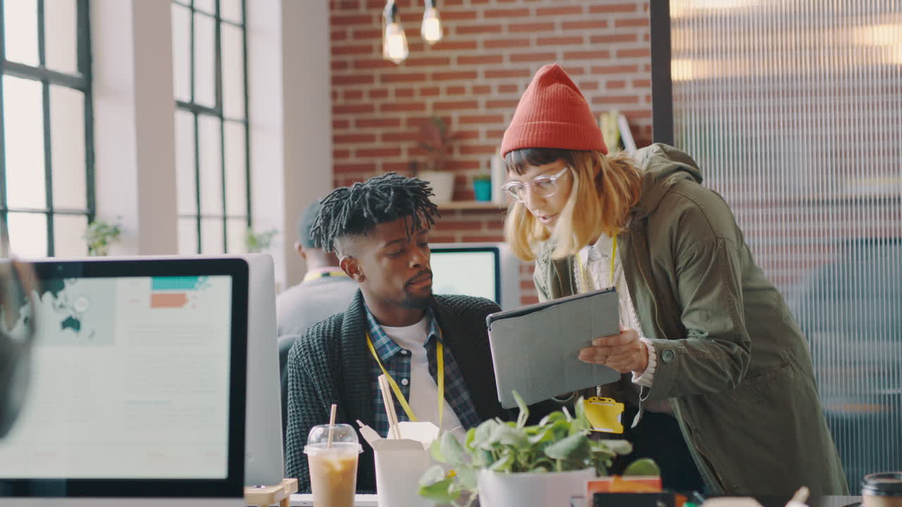 Business people, computer and conversation