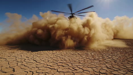 military helicopter taking off in the desert