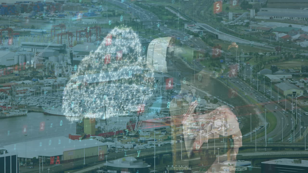 анимация обработки данных над кавказской девушкой с vr гарнитурой