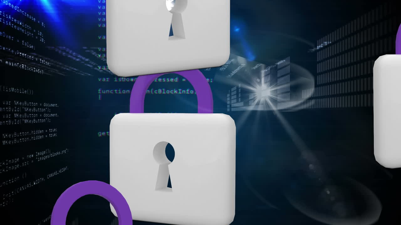 animación de la red de conexiones con iconos de seguridad de candado a través de codificación binaria