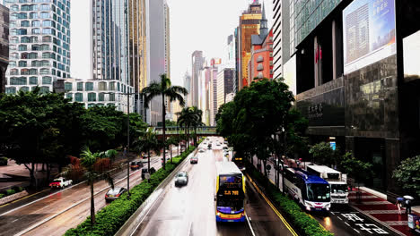 daytime traffic on gloucester road hong kong on a gloomy rainy day